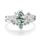 DONGHU 1CT Natural Moss Agate Ring Set 925 Sterling Silver Pear Shape Moss Rings for Women Inspired Leaf Moss Agate Engagement Ring Wedding Ring Set Size 6