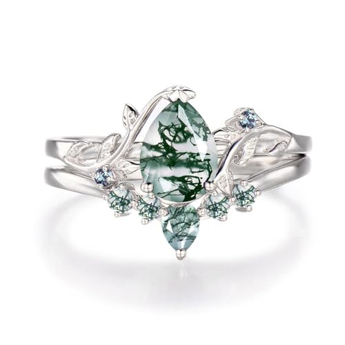 DONGHU 1CT Natural Moss Agate Ring Set 925 Sterling Silver Pear Shape Moss Rings for Women Inspired Leaf Moss Agate Engagement Ring Wedding Ring Set Size 6