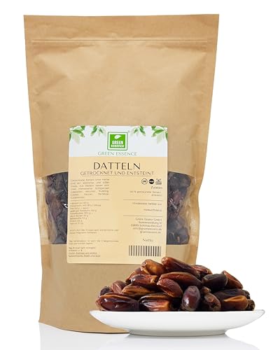 Datteln getrocknet und entsteint 1kg von der Grünen Essenz - Entkernte Datteln - Süßer Fruchtsnack - reich an Ballaststoffen - vegan - natürlicher Zuckerersatz aus süßen Früchten