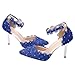 Imagen de Jamron Mujer Elegante Puntiagudo Zapatos Stilettos de Pulsera Encaje Floral Perlas Zapatos de Novia Azul SN0703212-2 EU37