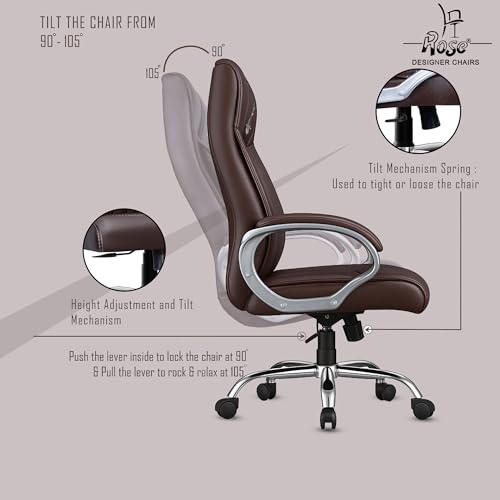 Image of ROSE Iran | 3-Year Brand Warranty | Comfortable High Back Chair | Adjustable Boss Chair for Home Office, Swivel Revolving Professional Executive (Brown, Leatherette HB)