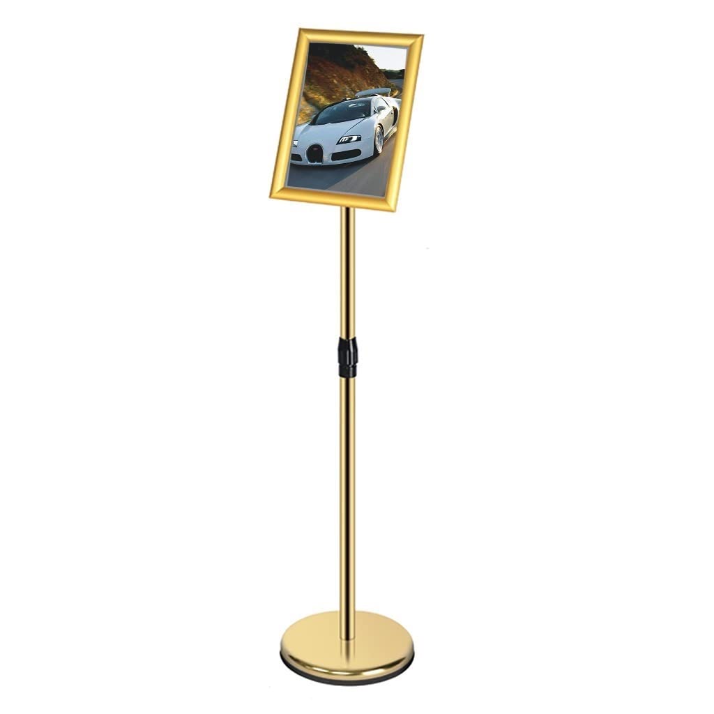Soporte de Suelo para Carteles con Poste telescópico, Soporte de Aluminio para Carteles publicitarios, Soporte de pie para Carteles publicitarios en Tiendas y Negocios., Gold-A2
