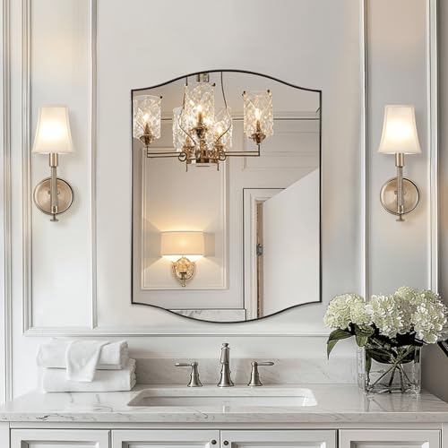 Image of ANDY STAR Brushed Nickel Bathroom Mirror, 24 inchx30 inch Scalloped Wall Mirror in Stainless Steel Metal Frame, Unique Vanity Mirror with Modern Curved Edge Design, Ideal for Bathroom, Bedroom, Entryway