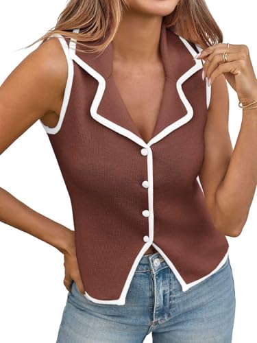 Saodimallsu Womens Sleeveless Sweater Vest Button Color Block Sexy V Neck Collared Summer Knit Tank Tops