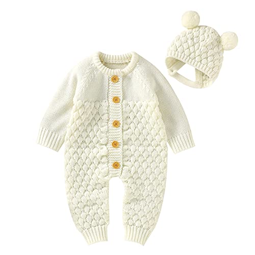 Strick-strampler Für Neugeborene Strick Strampler Einteiler Warm Sweater Jumpsuit Outfits Overall Mit Mütze Einfarbig Baby Jungen Mädchen Langärmelig Für Herbst Und Winter Beige 0-3 Months