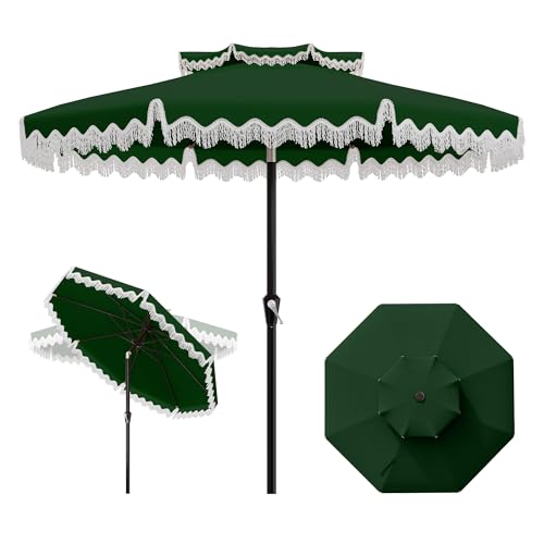 AreShark 9FT Patio Umbrella with Fringe Wind-Resistant Fiberglass 8 Ribs Tassel Outdoor Umbrella with Crank and Push Button Tilt Double Tier Vent Sun Shade for Pool Deck Backyard Dark Green