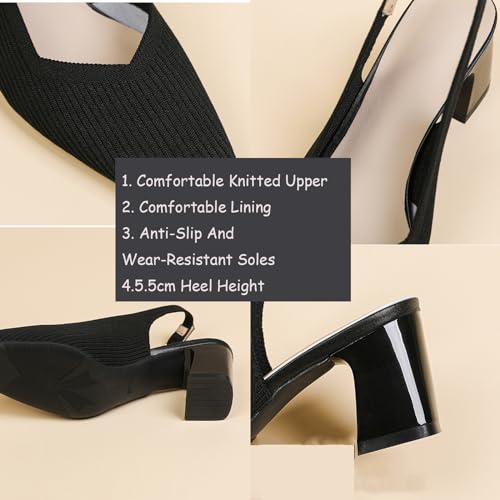 Womens Knit Slingback Low Chunky Block Heel Pumps with Elastic Ankle Strap Comfort Closed Square Toe Block Heel Backless Dress Shoes for Evening Party Bride Wedding3