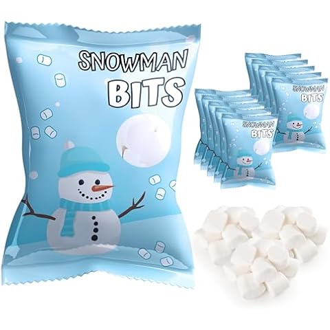 4E's Novelty 50 Packs "Snowman Bits" Mini Marshmallow Packets, Vanilla Flavored, 14 Marshmallows in Each Bag, Bulk Individually Wrapped Christmas Marshmallows For Hot Chocolate Bar Supplies Party Treats Cover