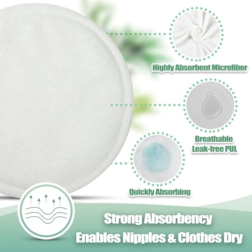 Image of wegreeco Nursing Breast Pads (14 Pack) + Laundry Bag & Travel Storage Bag, 4.7 inch Option - Washable & Reusable Breastfeeding Nursing Pads (Bean Paste Green, Plain Shape)