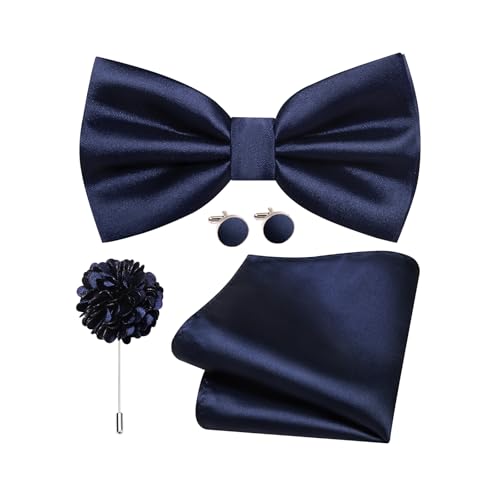 Dubulle Mens Navy Blue Pre-tied Bow Tie Satin Formal Adjustable Bowties Pocket Square Lapel Pin Cufflinks 4PCS Set Business Wedding