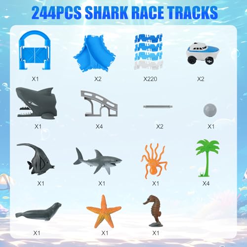 Image of Ocean Theme Flexible Race Car Tracks for Kids, Birthday Gift for Boys Age 3 4 5 6 7 Years Old, 240+ PCS Buildable Car Track Playset with Shark Tunnel and Sea Creature Accessories