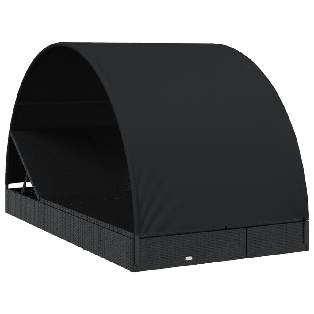 Sonnenliege für 2 Personen mit rundem Dach Schwarz 211x112x140 cm aus PE-Rattan pulverbeschichtetem Stahl verstellbar mit Polstern für Terrasse Balkon Pool Camping Relaxen