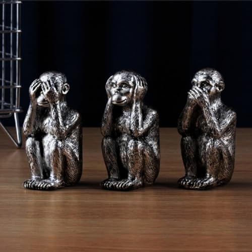 Latemeia Juego de estatuas de los Tres Monos Sabios - Figuras de Monos de Resina con Revestimiento de Plata para decoración de Escritorio de Oficina en casa - Opción Memorable, Uso doméstico
