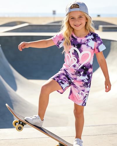 Image of Kids Girl Clothes Tie Dye Heart Print Short Sleeve Top and Shorts Toddler Girl Summer Outfits Short Set