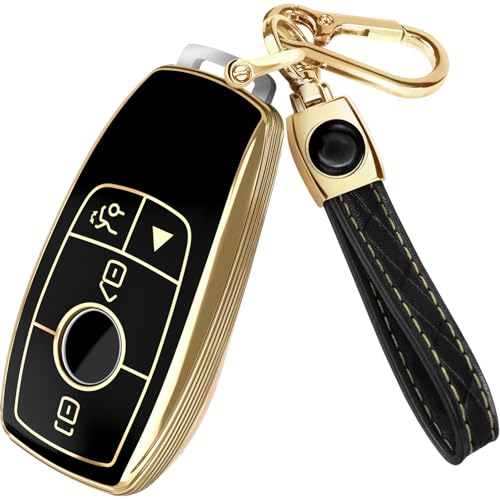 Lucrum Compatible with Mercedes Benz Key Fob Cover & Leather Keychain - TPU Keyfob Case for A C CLA CLS E G GLA GLE S-Class (2019-2023) - Black and Gold