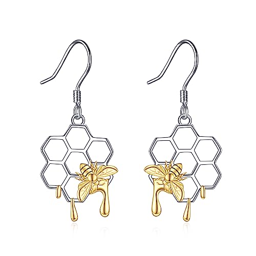 Image of AXELUNA 925 Sterling Silver Honeycomb Bee Earrings, Two-Tone 14K Gold Plated Honey Beehive and Bee Hollow Earrings for Women