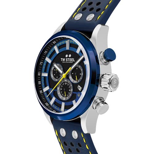 Montre à quartz TW Steel Volant montre homme 48 mm cadran bleu bracelet cuir date - 2