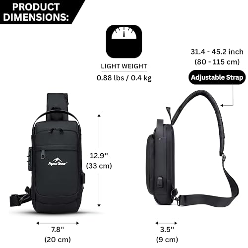 Image of Apex Gear Water-Resistant Anti-Theft Crossbody Bag with USB Charging Port, Stylish Sling Bag for Men Chest Shoulder Daypack for Travel & Daily Use - Black