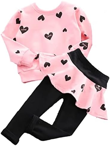 BOMDEALS Toddler Girl Valentines Day Outfit - Kids Adorable Allover Heart Long Sweatshirt Skirt Pants Clothes Set 3t 4t 5t(Age(6T), Pink)