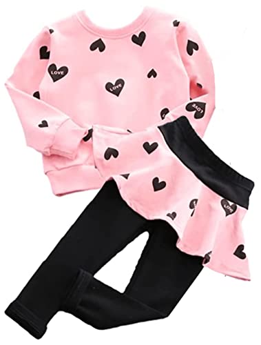 BOMDEALS Toddler Girl Valentines Day Outfit - Kids Adorable Allover Heart Long Sweatshirt Skirt Pants Clothes Set 3t 4t 5t(Age(6T), Pink)