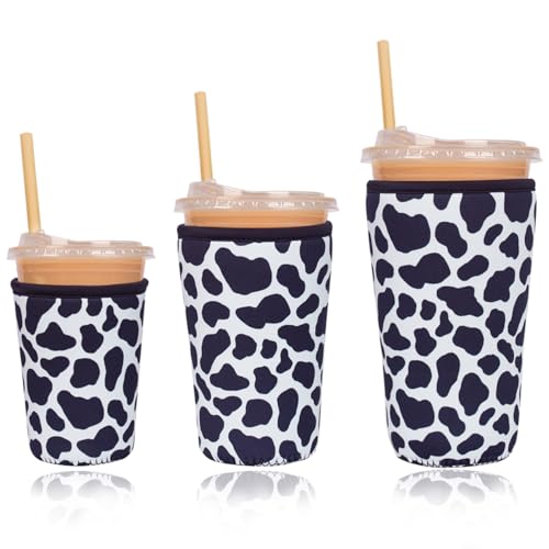 Image of Reusable Insulated Neoprene Iced Coffee Cup Sleeve, Durable Drink Sleeve for Cold Beverages, Beverage Holder for Iced Coffee (Cowprint Chic)