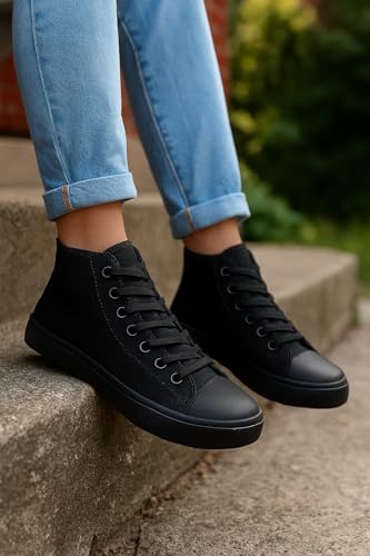Image of Women's High-Top Canvas Sneakers - Classic Lace-Up Casual Shoes with Extra Shoelaces - Comfortable, Stylish, and Durable