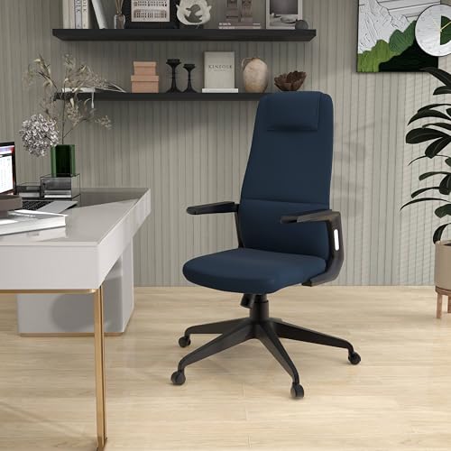 Image of LeisureMod Ergonomic High-Back Leather Office Chair - Blue Swivel Desk Chair with Adjustable Height, Tilt, Padded Headrest & Double Wheel Casters, Comfortable for Home or Office