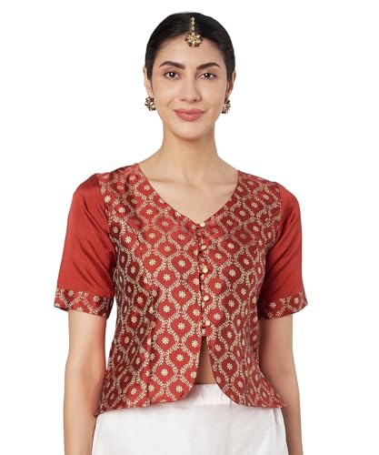 Image of studio rasa Women's Silk Blend Block Printed Button Down Readymade Top for Wedding Festive Party