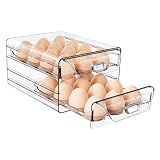 HIYOHIYO Clear 24 Egg Holder for Fridge, Large Egg Organizer for Refrigerator, Stackable Egg Storage Trays for Countertop, Eggs Drawer Dispenser with Time Scale (2 Layer, 7.9'x 6.3'x 5.5')