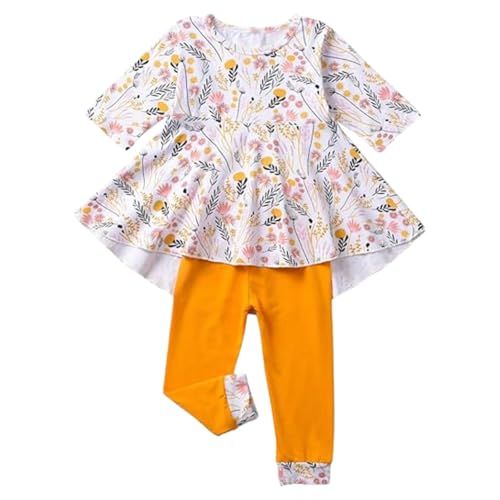 Image of Toddler Baby Girls-Fall-Clothes-Set Little Girls Floral Plaid Highlow Tunic Tops+Leggings Outfits Boutique Clothing