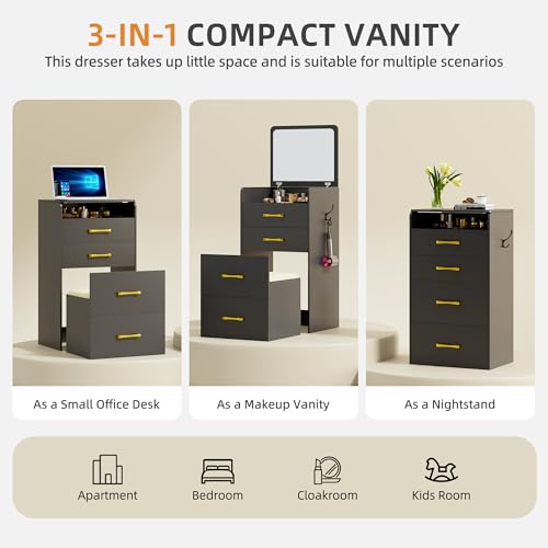 Gurexl 3 in 1 Vanity Desk with Flip Top Mirror for Bedroom,Small Compact Vanity with Visible Glass Desktop for Cloakroom,Makeup Vanity Set with 3 Drawers,Cushioned Stool,Black