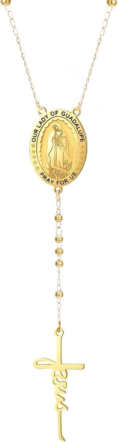 HURUMA Mary Necklace Stainless Steel Rosary Bead Jesus Cross Pendant Adjustable Y Chain Crucifix Jewelry for Women Faith Religious Gift Christian Catholic, Gold 3