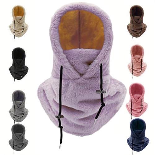 Sprietim - Sprietim Sherpa Hood Ski Mask,Winter Fleece Hood Ski Mask for Women Men,Drawstring Face Cover Hat Coldproof Warm Cap Scarf (Purple)