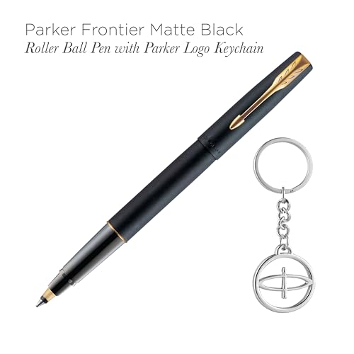 Image of Parker Frontier Matte Black Gold Trim Roller Ball Pen and Silver Key Chain, Blue Ink, Medium Point - Gift Set for Professionals, Executives, and Students