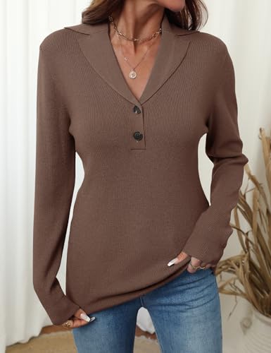 Image of LOMON Sweaters for Women 2025 Fall Knitted V-Neck Collared Button Pullover Dressy Casual Long Sleeve Polo Shirts Business
