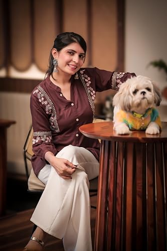 Image of Women's Viscose Rayon Embroidered A-Line Short Kurti Above Knee Regular Fit Tunic Top Office Wear Casual short kurti for women | office wear top | A-line kurti | raksha bandhan gift dress for women