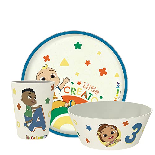 Image of Zak Designs CoComelon Kids Dinnerware Set 3 Pieces, Durable and Sustainable Melamine Bamboo Plate, Bowl, and Tumbler are Perfect For Dinner Time With Family (JJ, Cody, Nina)
