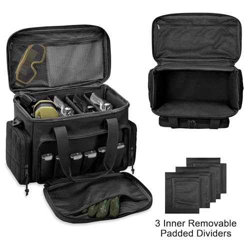 GOBUROS Gun Range Bags for 4 Handguns and Ammo, Tactical Soft Pistol Case with 6X Magazine Slots, Gun Carrying Bag for Shooting Gear Accessories with Shoulder Strap Quilted Padded Gun Duffle Bag Black - Thumbnail 3