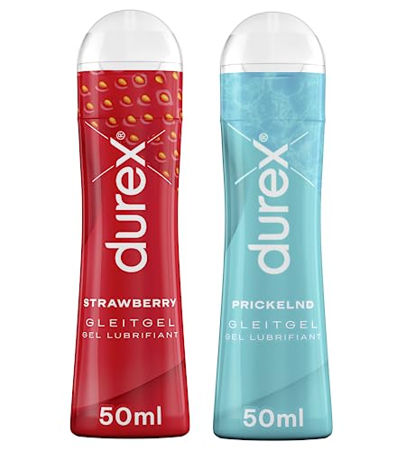 Durex Play Gleitgel Ausprobierpaket – Abwaschbar, nicht fettend & hinterlässt keine Flecken – Set Durex Prickelnd & Strawberry – Auf Wasserbasis, Kondom-geeignet, abwaschbar & klebt nicht – 2 x 50 ml