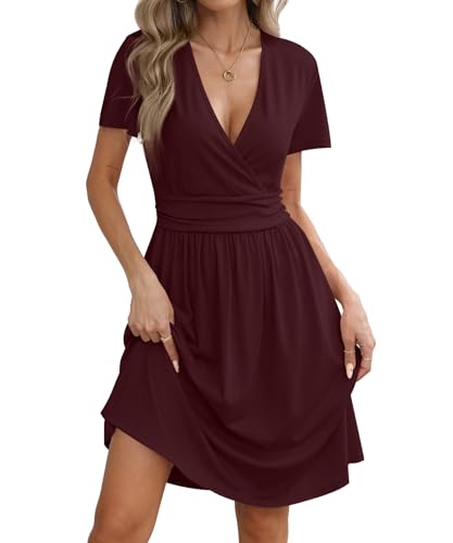 Image of KUOTAI Women's Summer Short Sleeve Casual Dresses Wrap V Neck Beach Outfits Party Flowy Dress with Pockets, Wind Red, XX-Large