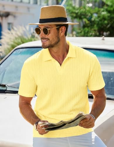 Image of Zilcon Mens Casual Polo Shirt Summer Short Sleeve Vacation Button Beach Knit Stretchy Golf Tshirts