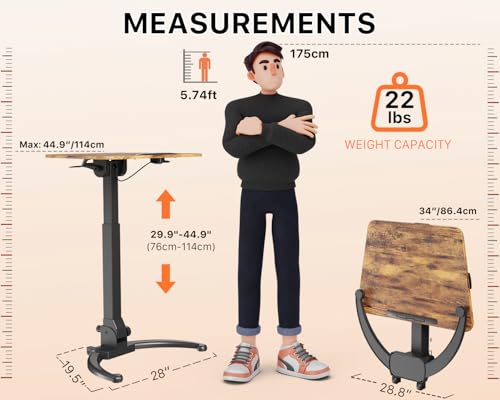Image of JOY worker Foldable Mobile Standing Desk, Pneumatic Height Adjustable Sit Stand Desk, 90 Tiltable Rolling Laptop Table, Portable Workstation with Non-Slip Mat for Home Office, Holds Up to 22lbs