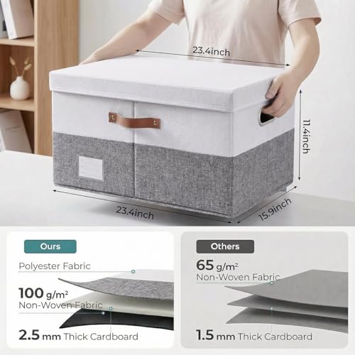 Image of PRANDOM Storage Bins with Lids [3-Pack] Linen Fabric Foldable Storage Boxes Organizer Containers Baskets Cube with Cover for Bedroom Closet Office Grey&White (23.4X15.9X11.4)