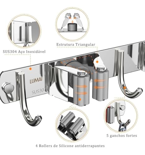 Suporte de Vassoura 9 Acessórios de Parede Inox Porta Vassoura Vassoureiro LUMAI