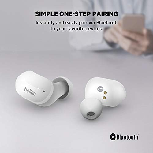 Belkin SoundForm True Wireless Earbud Headphones (Bluetooth Earphones for iPhone, Samsung, Google, Touch Control, Portable Charging Case, 24 Hours Playtime, Noise Isolation, Sweatproof) - White