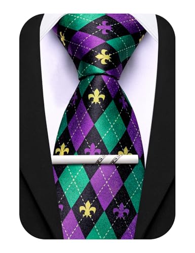 Barry.Wang Mardi Gras Ties for Men Silk Necktie Sets Fashion Clip Party Print Ties Festival Green Purple Gold