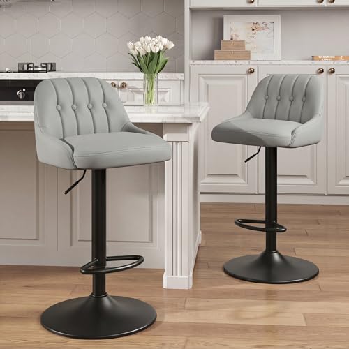 Image of MALOL Bar Stools Set of 2, Swivel Bar Chairs, Modern Adjustable PU Leather Upholstered Barstools Counter Height with Tufted Back for Bar, Kitchen Counter Island, Dining Room, Grey