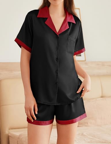 Image of Ekouaer Womens Silk Satin Pajama Set Short Sleeve PJs 2 Piece Button Down Top and Shorts Notch Collar Sleepwear Sets Soft Pjs
