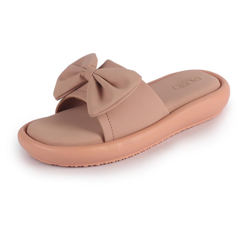 Image of FAUSTO Women Open Toe Bow Design Slip On Sliders | Extra Comfort Cushioned Insole Slippers | Classic Flat Sandals for All Day Long