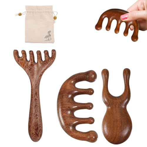 Maven Gifts 3 Pcs Natural Wood Head Scalp Massager - Spa Therapy Wooden Comb Tool for Tension & Relaxation | Head Massager and Storage Bag